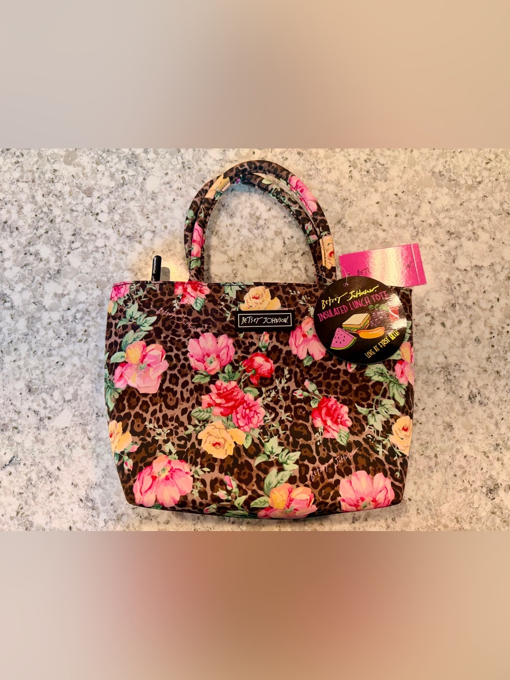 Betsey Johnson Brown Leopard Floral Lunch Tote with Pink & Yellow Roses